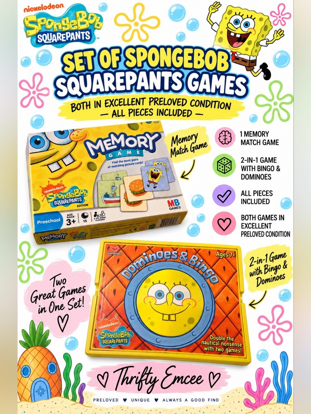 Set Of 2 SpongeBob SquarePants Games ▪︎ Memory Game & 2-in-1 Dominoes/BINGO